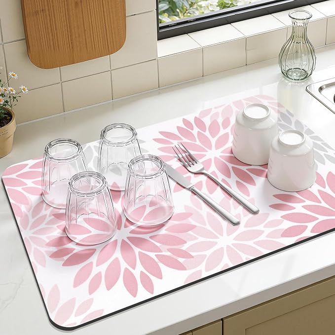 Findosom Floral Dish Drying Mat, 12" x 20" Super Absorbent & Hide Stain Coffee Mat, Cuttable Drying Mat for Kitchen Counter, Under Dish Rack, Coffee Maker, Espresso Machine, Pink