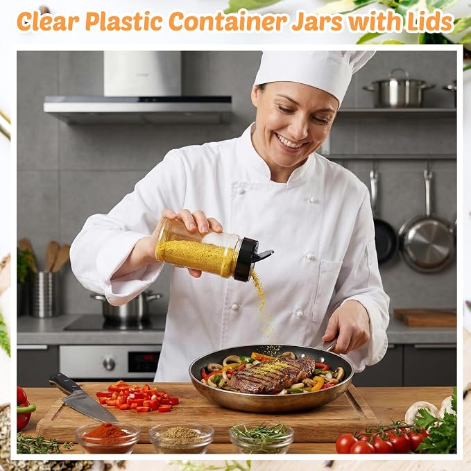 Jadive 24 Pcs Plastic Spice Jars with Shaker Lids Clear Spice Bottles Plastic Seasoning Containers Empty Shaker for Kitchen Storing Herbs Seasoning Powders Pepper Dry Goods (12 oz,Black)