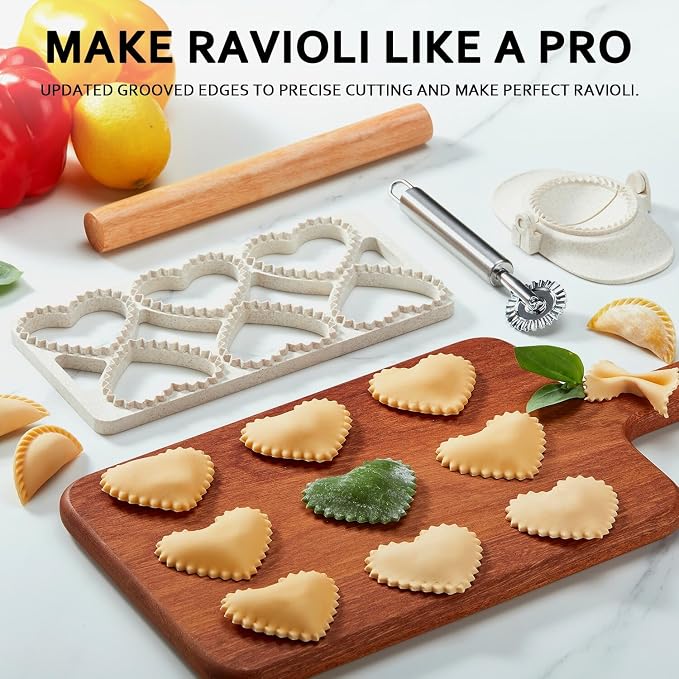 Ravioli Maker Press, Ravioli Press Mold Set - Heart Ravioli Stamp Maker Cutter with Wood Rolling Pin, 2.6" Empanada Maker Press Kit and Ravioli Wheel, Makes 6 Ravioli
