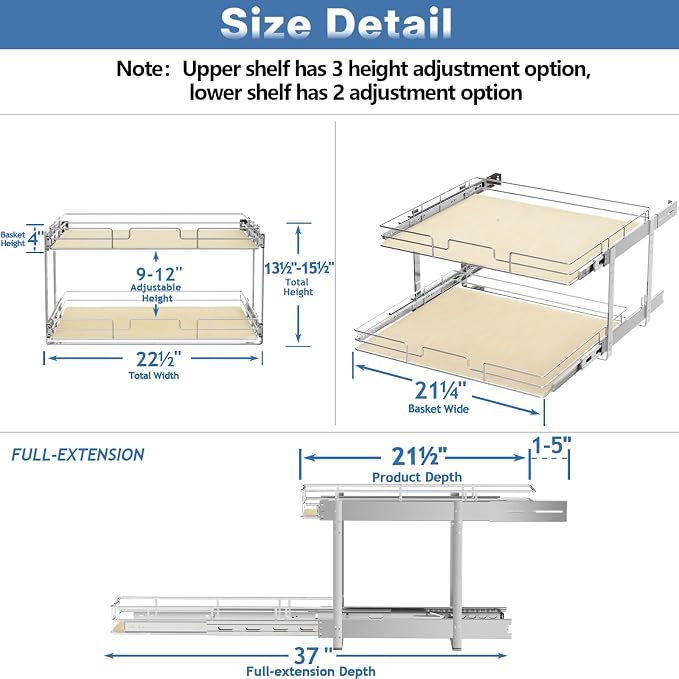 ROOMTEC 2 Tier Individual Pull Out Cabinet Organizer 22½"W x 21½"D, Slide Out Wood Shelves Organizers, Pull Out Drawers Organization and Storage for Kitchen Cabinet