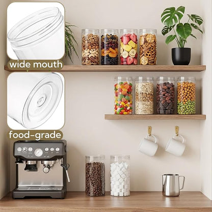 Pumtus 8 Pack Clear Plastic Jars with Lid, 46 OZ Round Candy Storage Jars, Empty Large Mason Jars, Tall PET Canisters Cylinders, Wide Mouth Pantry Container for Dry Food, Spice, Nuts, Noodles