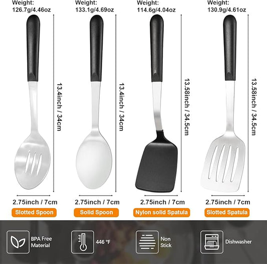 4 Pcs Cooking Utensils Set, Stainless Steel Kitchen Utensils, Heat Resistant Metal Kitchen Tools Include Solid, Slotted Turner, Serving Spoon, Non-Stick Wok Spatula, Dishwasher Safe, Silver