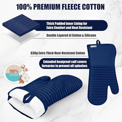 Oven Mitts and Pot Holder Sets with Silicone Grip, 500°F Heat Resistant-6 Pack Dishcloth/Dish Towels for Kitchen 100% Cotton-Value Kitchen Essentials for Cooking, Baking, Grilling-Marine Blue