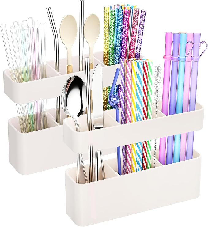 MoodLife Straw Holder for Cabinet Door, 2 Pack Silicone Peel and Stick Straw Organizer, Adhesive Kitchen Cabinet Cupboard Storage Holder for Straws, Spoons, Coffee Bar, Pantry (White)