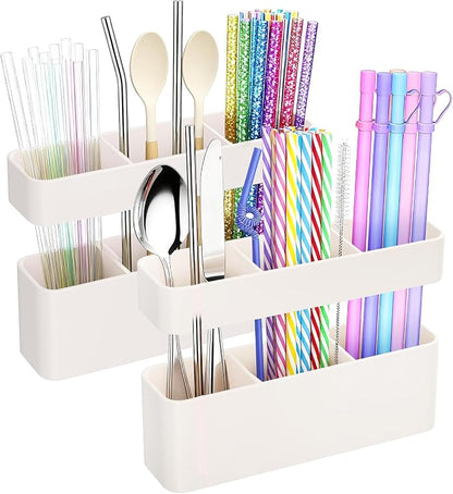 MoodLife Straw Holder for Cabinet Door, 2 Pack Silicone Peel and Stick Straw Organizer, Adhesive Kitchen Cabinet Cupboard Storage Holder for Straws, Spoons, Coffee Bar, Pantry (White)