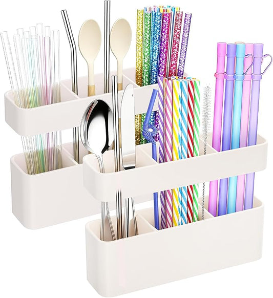 MoodLife Straw Holder for Cabinet Door, 2 Pack Silicone Peel and Stick Straw Organizer, Adhesive Kitchen Cabinet Cupboard Storage Holder for Straws, Spoons, Coffee Bar, Pantry (White)