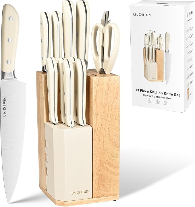 Kitchen Knife Set, 13 Pieces German Stainless Steel Knife Block Set for Chopping, Professional Chef Knife, Lightweight, Black Anti-slip Handle, Dishwasher Safe（white）