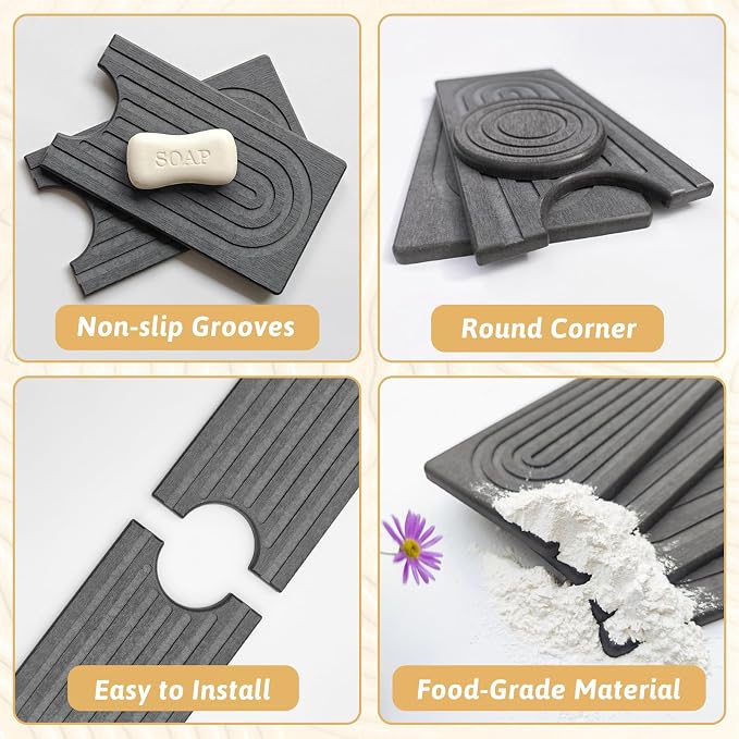 Faucet Mat for Kitchen Sink, 16'' Diatomite Sink Protector Splash Guard Draining Mat, Quick Drying Stone Sink Tray, Water Absorbent Soap Sponge Holder for Bathroom, Women Men Birthday Gift, Dark Gray
