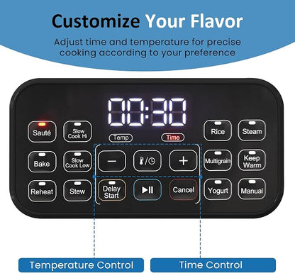 12-in-1 Multicooker, 6.5QT Slow Cooker Roaster Oven, Digital Programmable Multi Functional Pot with Timer Temp Control Delay Start Glass Lid Removable Nonstick Pot, Roast/Steam Rack, Blue
