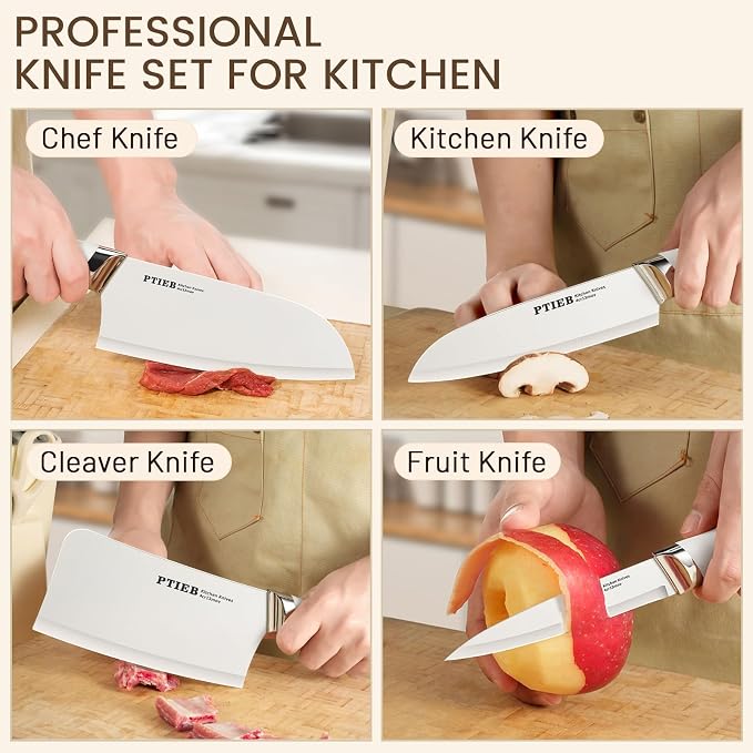 Knife Set, 6-Piece Kitchen Knife Set with Block, Stainless Steel Essentials Cutlery Block Set,Ultra-sharp Blades Chef Knives Set, Rust-Resistant, Ideal Housewarming Gift (White)