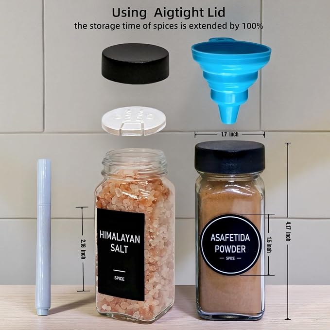 Spice Jars with Labels - 24 Glass Spice with Shaker Lids & Airtight Plastic Caps - 4oz Complete Seasoning Containers Organizer Set for Cabinet, Drawer & Rack (Black)