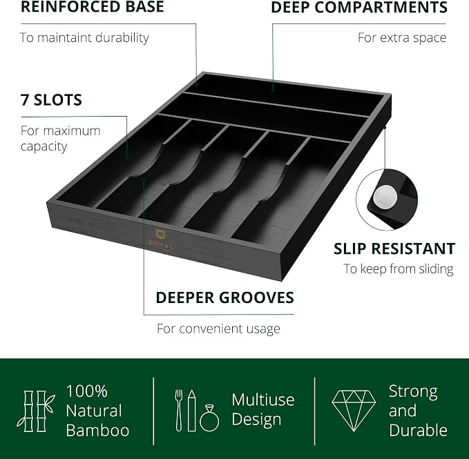Luxury Bamboo Kitchen Drawer Organizer - Silverware Organizer - Utensil Holder and Cutlery Tray with Grooved Drawer Dividers for Flatware and Kitchen Utensils (7 Slot, Black)