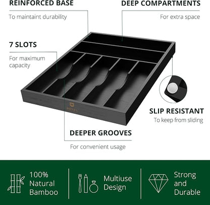 Luxury Bamboo Kitchen Drawer Organizer - Silverware Organizer - Utensil Holder and Cutlery Tray with Grooved Drawer Dividers for Flatware and Kitchen Utensils (7 Slot, Black)