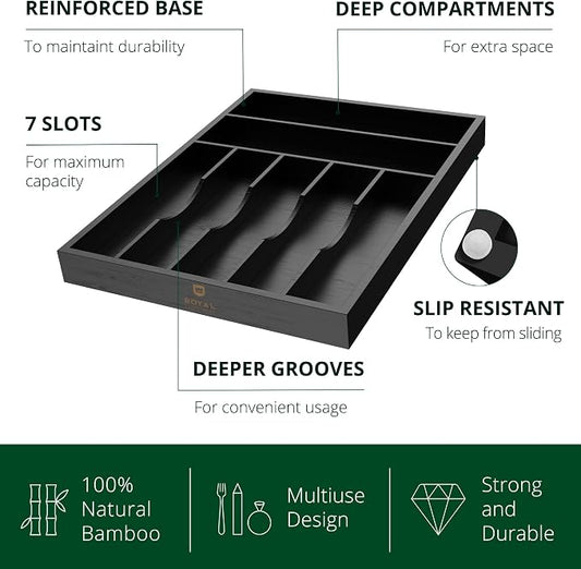 Luxury Bamboo Kitchen Drawer Organizer - Silverware Organizer - Utensil Holder and Cutlery Tray with Grooved Drawer Dividers for Flatware and Kitchen Utensils (7 Slot, Black)