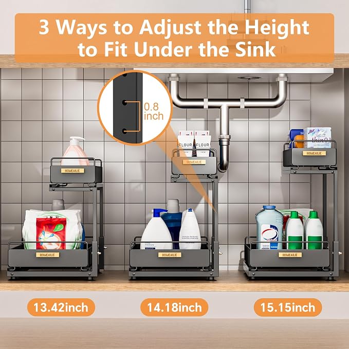 Under Sink Organizer, High Adjustable 2 Tier Under Kitchen Sink Organizer, Multi-Purpose Storage Shelf for Kitchen Bathroom Cabinet, Black