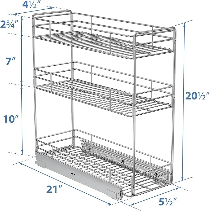 ROOMTEC 3-Tier Pull Out Cabinet Organizer for Narrow Cabinet (5.5" W X 20.5" D), Kitchen Cabinet Organizer and Storage Cabinet Pull Out Shelves Under Cabinet Storage for Kitchen, Chrome