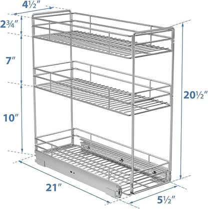 ROOMTEC 3-Tier Pull Out Cabinet Organizer for Narrow Cabinet (5.5" W X 20.5" D), Kitchen Cabinet Organizer and Storage Cabinet Pull Out Shelves Under Cabinet Storage for Kitchen, Chrome