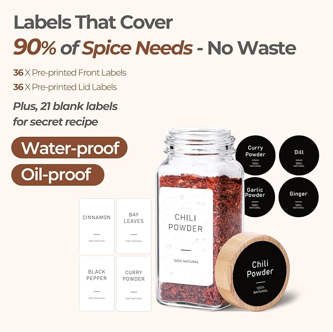 ComSaf Aesthetic Minimalist Spice Jars Set, 4 oz 24Pcs Glass Spice Containers with Labels, Bamboo Lids, 6 Extra Shaker Inserts, 93 Labels, Metal Funnel, Square Jars for Pantry Organization