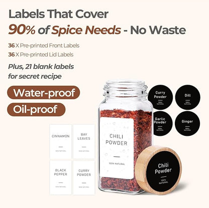 ComSaf Aesthetic Minimalist Spice Jars Set, 4 oz 24Pcs Glass Spice Containers with Labels, Bamboo Lids, 6 Extra Shaker Inserts, 93 Labels, Metal Funnel, Square Jars for Pantry Organization