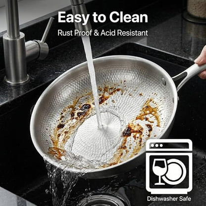 Titanium Frying Pan with Lid, 11.8" Uncoated Hammered Skillet for Cooking, PFAS/PFOA/PTFE Free Nonstick Cookware, Scratch Resistant, for Induction & Gas, Oven, Dishwasher Safe