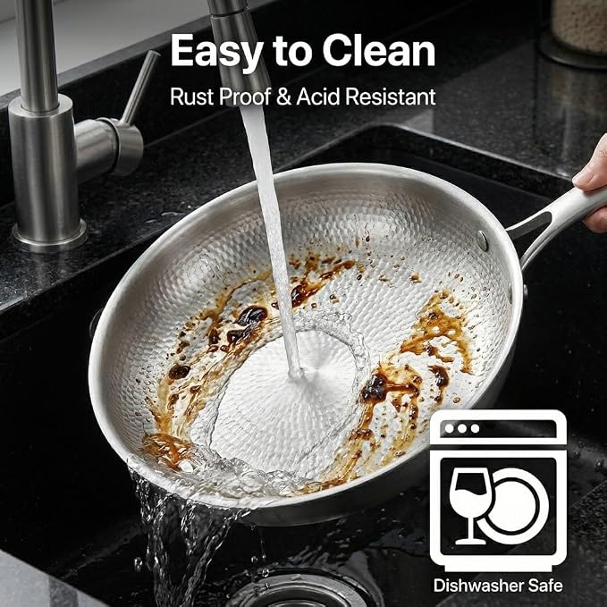 Titanium Frying Pan with Lid, 12" Uncoated Hammered Skillet for Cooking, PFAS/PFOA/PTFE Free Nonstick Cookware, Scratch Resistant, for Induction & Gas, Oven, Dishwasher Safe