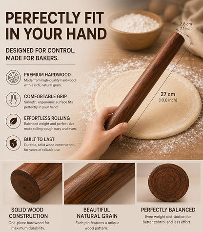 10.6 Inch Straight Rolling Pin – Smooth & Balanced Cute Wooden Dough Roller for Baking and Pastry
