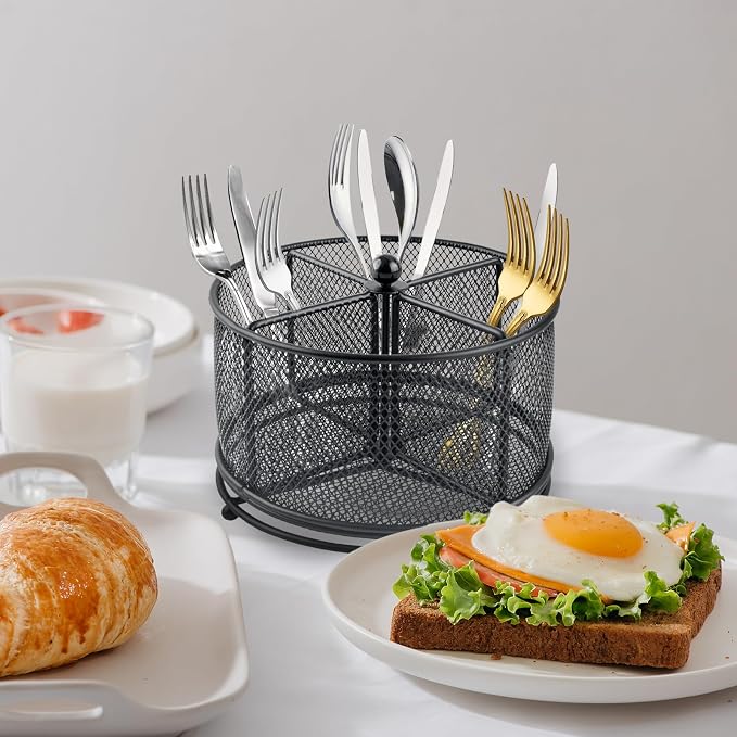 360° Rotating Metal Utensil Caddy - 4 Compartment Silverware Cutlery Holder Rotation Fork Spoon Napkin Organizer Flatware Storage Basket Party Countertop Buffet Picnic Camping Outdoor Black