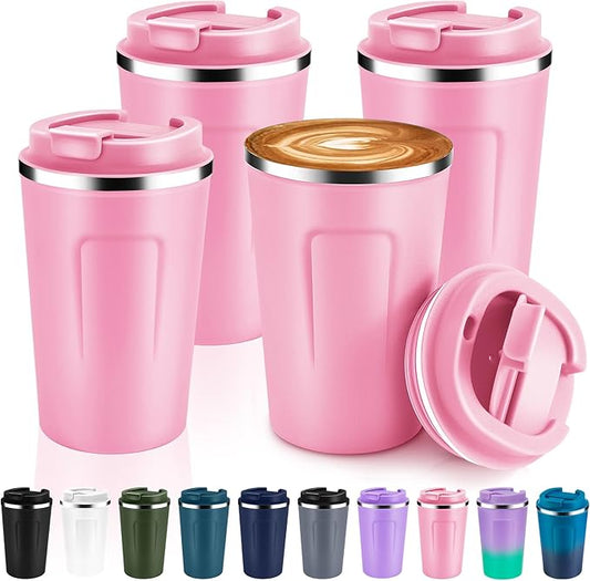 Volhoply 12 oz Double Wall Insulated Vacuum Travel Coffee Mug with Flip Lid Bulk 4 Pack,Reusable Stainless Steel Leak Proof Coffee Cups,Portable Cafe Thermal Tumbler for Hot & Cold Drinks(Pink,4 Set)
