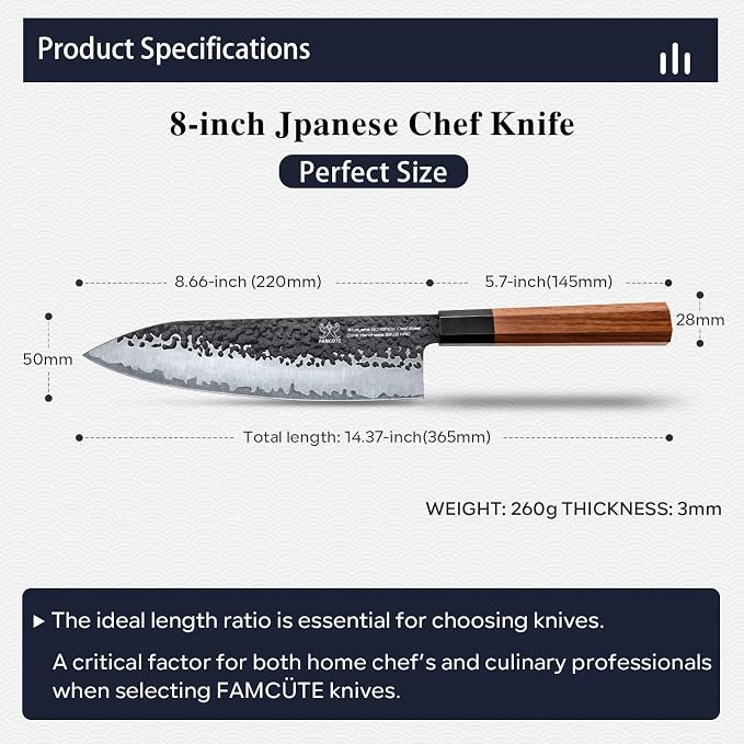 FAMCÜTE 8‘’ Japanese Knife, Hand-Forged Chef Knife with 5-Layer 9CR18MOV HC Steel and Ultra Sharp Non-Slip Rosewood Handle Kitchen Knife, Gift for People Who Love to Cook in Sandalwood Box