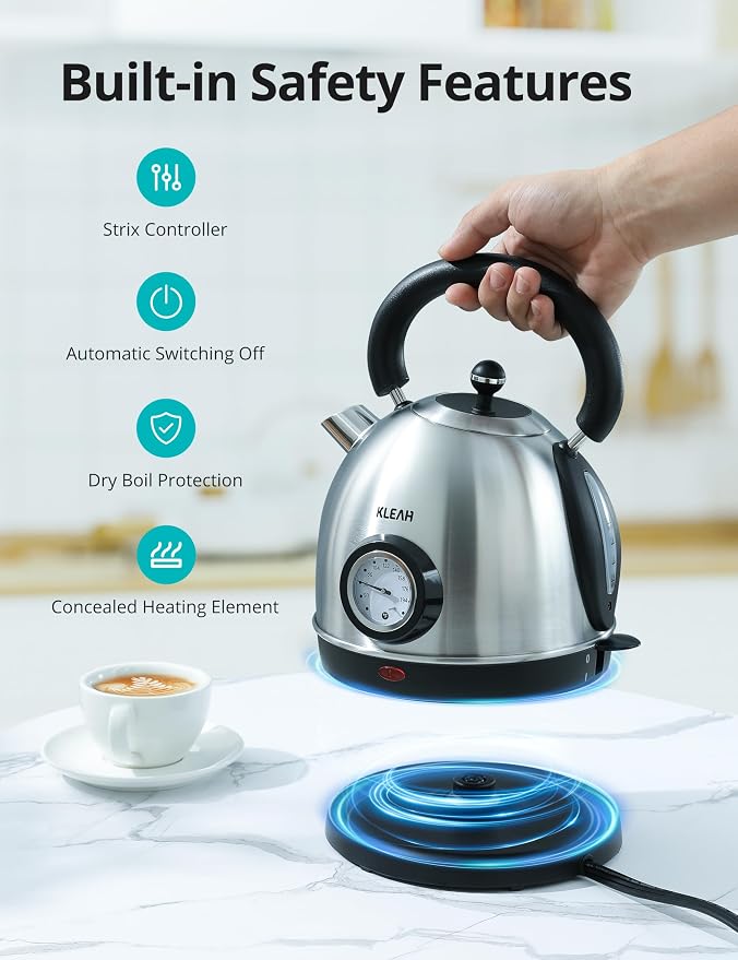 Retro Electric Water Kettle 1.8L Stainless Steel for Boiling Water with Temperature Gauge, Visible Water Level Line, Led Light, Auto Shut-Off & Boil-Dry Protection, 1500W Fast Heating