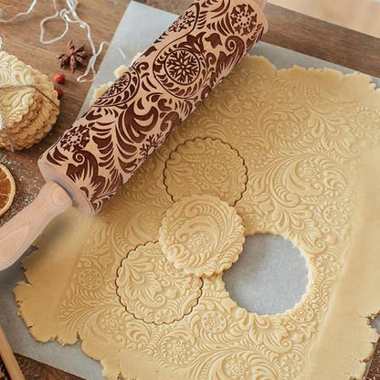 Embossed Rolling Pin for Baking Cookies Christmas Embossing Rolling Pins with Design Wooden Engraved Springerle Roller Pin Dough Patterned Clay Pottery Ceramic Bakers Women (Flower Snowflake Paisley)