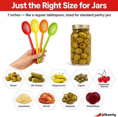 Olive and Pickle Spoon Set of 4, 7-Inch Small Slotted Serving Utensils for Jars, Perfect for Olives, Pickles, Capers, Pickled Beets, Pepperoncini, Cherries, Dishwasher Safe, Made in USA by Pikanty