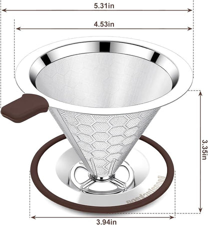 Pour over Coffee Dripper, Stainless Steel Paperless Reusable Coffee Filter, Metal 600 Mesh Strainer Coffee Maker (1-2 Cups)