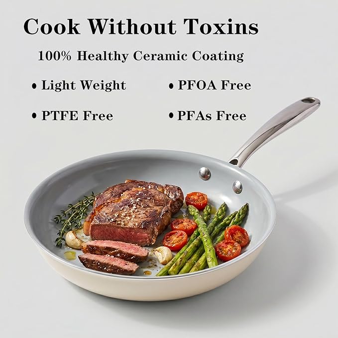 Cookware Ceramic Nonstick Frying Pans: 3Pieces Non Stick Skillet 8 9.5 11 Inches - Healthy Egg Fry Pans - Free of PTFE,PFOA,PFAS
