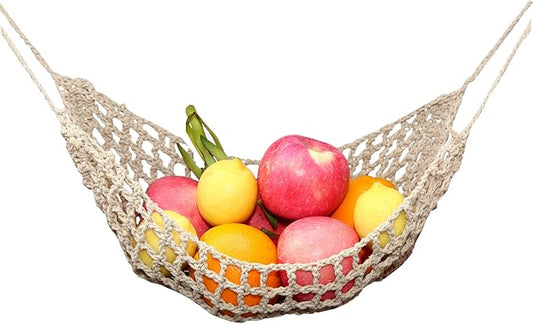 Fruit Hammock for Kitchen Under Cabinet,Large Macrame Fruit Hammock for Kitchen Décor,Storage That Saves Counter For More Counter Space at Home, Boat, or Rv,with 4 Hooks.(nature)