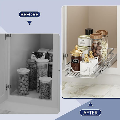Pull Out Cabinet Organizer, 7.5" W x 21.5" D, Heavy Duty Chrome Slide Out Shelf for Narrow Base Cabinets, Sliding Wire Basket Drawer for Spices, Bottles, Snacks & Cleaning Supplies