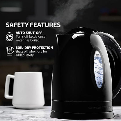 OVENTE Electric Kettle,1.7L Fast Boiling Water Heater for Coffee or Tea,BPA Free with Water Level Gauge,Auto Shut-Off,Boil-Dry Protection,Indicator Light and Removable Filter,Black KP72B,(Pack of 12)