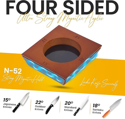 Rolling Knife Sharpener Kit – Magnetic 4-Angle Base, 3.86 Inches Longer Wooden Roller, 4 Grit Discs (1000/400 Diamond & 3000 Maroon / 6000 White Ceramic) and Leather Strop