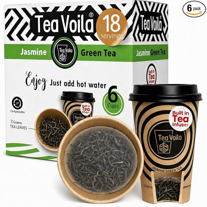 TeaVoila Instant Brew Tea in A Cup - Organic Loose Leaf Jasmine Green Tea – Tea Infuser Built In Biocompostable 6 Cups, Each Refillable 3x, 18 Servings in Total – No Tea Bags Needed, For Office & Travel