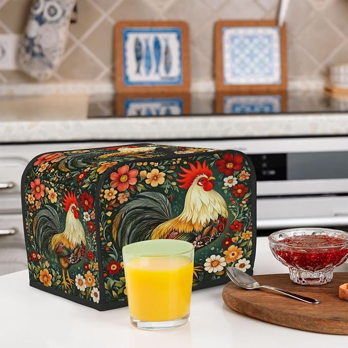 4 Slice Green Flower Rooster Toaster Cover Waterproof Dust Fingerprint Bread Machine Cover Washable Kitchen Appliance Protector For Home Kitchen Bakeware Table Decor Women Gifts