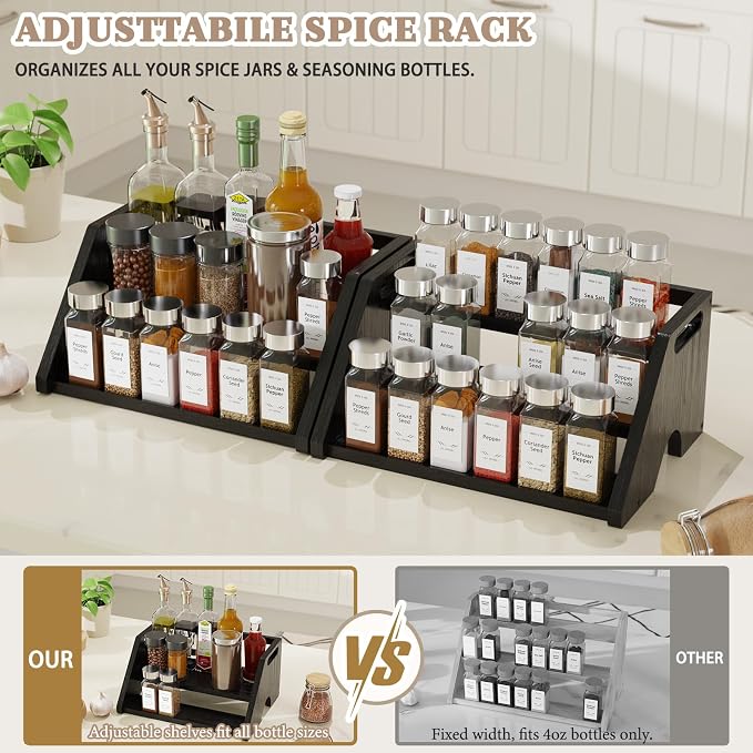Bamboo Spice Rack Organizer -3-Tier Spice Rack for Countertop,Cabinet Spice Rack Organizer for 18 Spice Jars(4oz)，Step Shelf(black)
