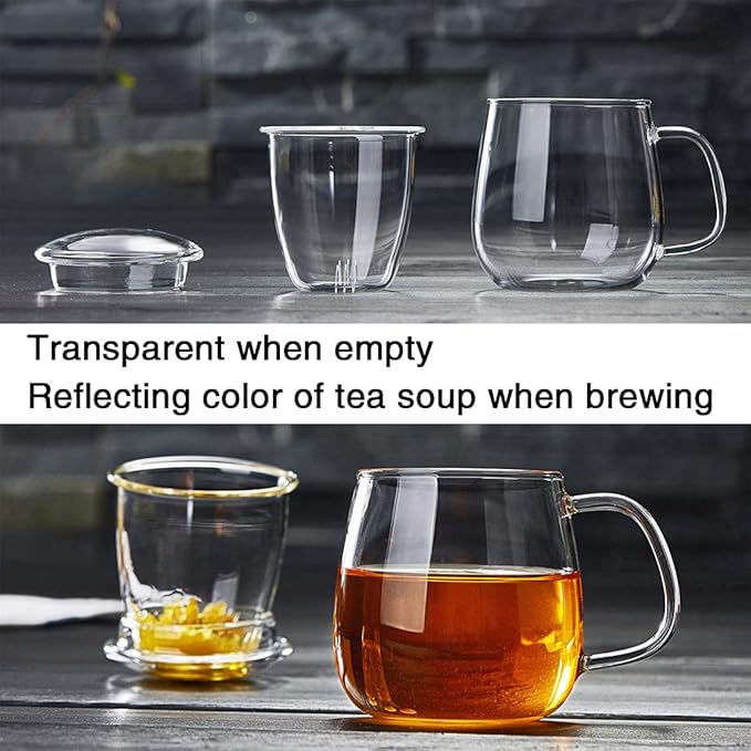 DOPUDO Glass Tea Cup with Infuser and Lid, 17.6oz/520ml Large Borosilicate Teacup,Tea Glass, Clear Mug for Loose Leaf Tea, Blooming Tea, Microwave & Dishwasher Safe - Tea Maker Gift for Birthday.