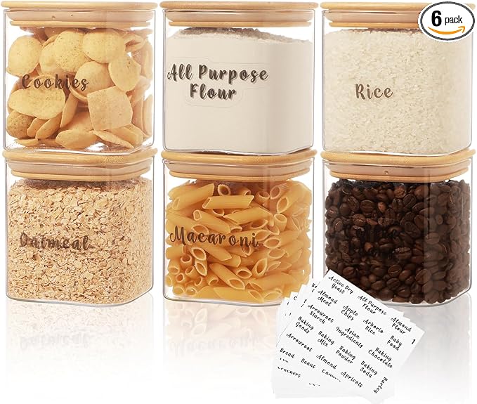 6 Pcs Square Glass Pantry Storage Containers with Bamboo Airtight Lid and 248 Clear Pantry Labels Preprinted - 24oz Thicken Glass Food Storage Jars for Coffee, Cookie, Tea, Sugar, Spice