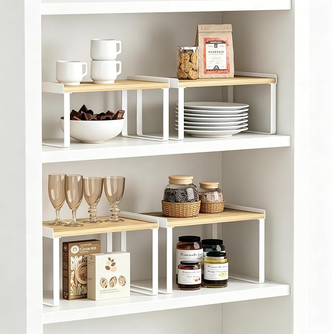 Goozii Cabinet Shelf Organizers Set of 4, Kitchen Countertop Rack for Plates Dishes Cups Mugs Spices, Pantry Cupboard Cabinet Organizers, Storage Shelves Rack Insert for Counter (Bamboo Wood, White)