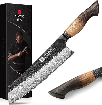 XINZUO 8.3 Inch Kiritsuke Chef Knife, Forged 67 Layers 10Cr15Comov High Carbon Damascus Steel Professional Kitchen Knife,Super Sharp，White Oak + Red G10 Gasket Handle