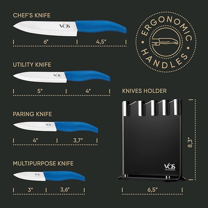 Vos Ceramic Knife Set with Block, Ceramic Knives Set For Kitchen, Ultra Sharp Kitchen Knife Set with Covers, 3" 4" 5" 6" Chef Knife, Utility, Paring & Versatile, Lightweight, Dishwasher safe (Blue)