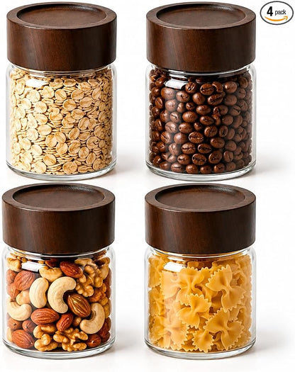 Wide Mouth Glass Storage Jars With 2.5" Acacia Wood Lids - 4 Pack of 8.5 Oz Food Storage Containers - Borosilicate Glass Canisters Sets For Kitchen - Pantry Organizers and Storage for Rice Coffee