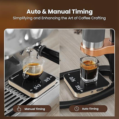 Maestri House S2 Espresso Coffee Scale with Timer, USB-C Rechargeable 2kg/0.1g Precision Shot Scale, Digital Scale for Espresso Brewing(Black & Gold)