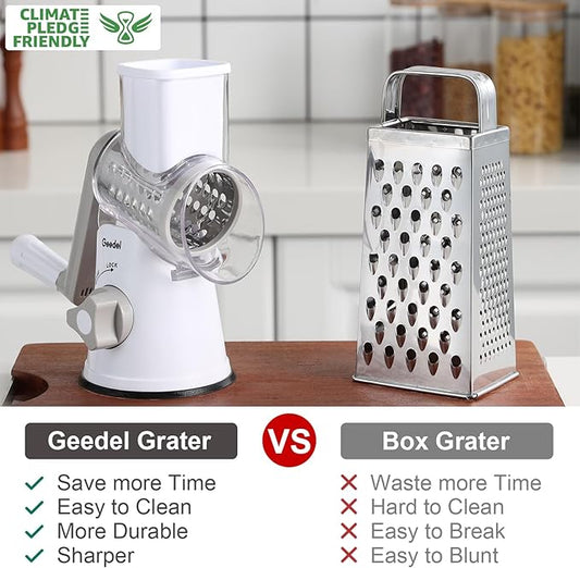 Geedel Rotary Cheese Grater, Kitchen Mandoline Vegetable Slicer with 3 Interchangeable Blades, Easy to Clean Rotary Grater Slicer for Cheese, Vegetables, Nuts