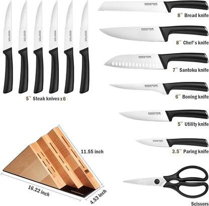 KINGSTONE 14-Piece Kitchen Knife Set with Block, High-Carbon Stainless Steel Knives Set, Ergonomic Non-Slip Handle, Professional Knife Set for Kitchen for Home Cooking & Gifting, Natural